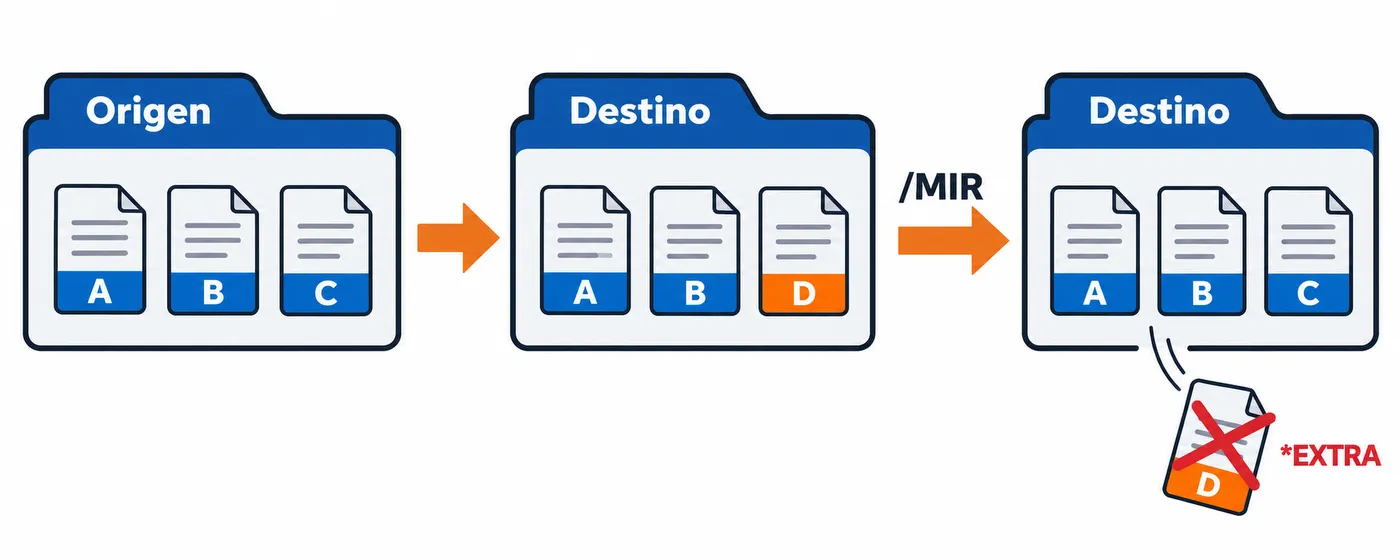 Origen con A, B y C; destino con A, B y D. Tras /MIR el destino tiene A, B y C y D se borra.