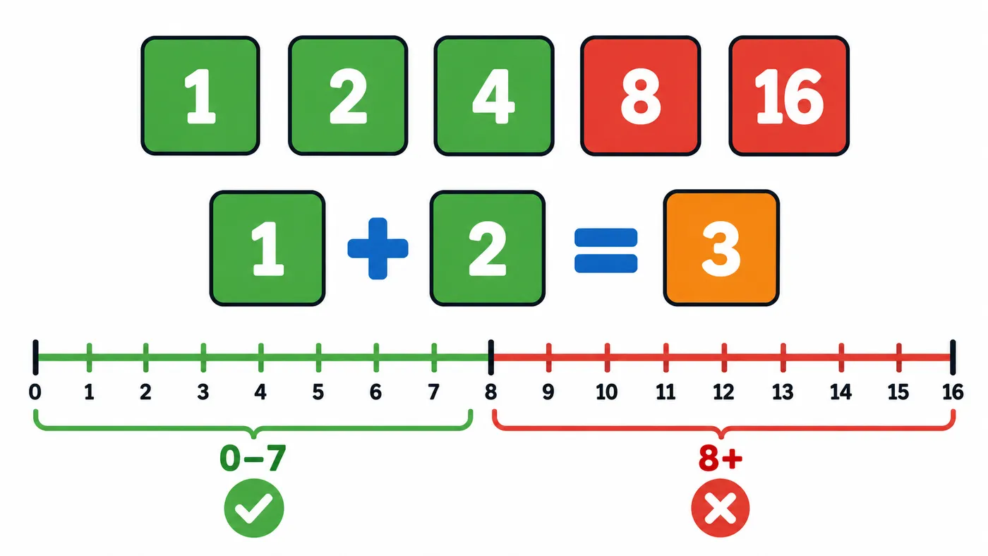 Indicadores 1, 2, 4, 8 y 16 que se suman; de 0 a 7 la copia es correcta y de 8 en adelante hay fallos.