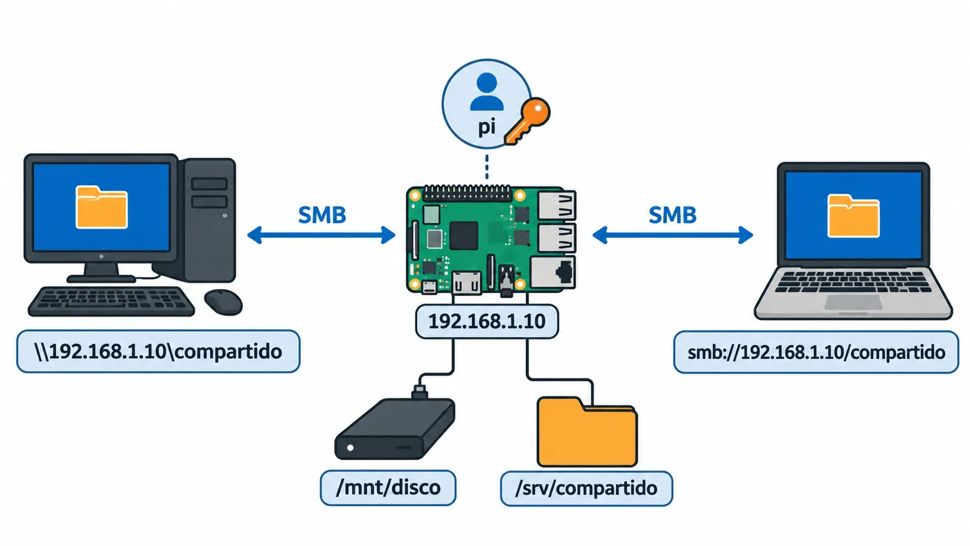 Raspberry Pi 192.168.1.10 con disco USB comparte los recursos compartido y disco por SMB con un PC con Windows y un Mac