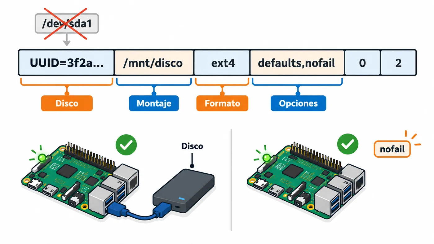 Línea de fstab: UUID del disco, punto de montaje /mnt/disco, ext4 y opción nofail para arrancar aunque falte el disco