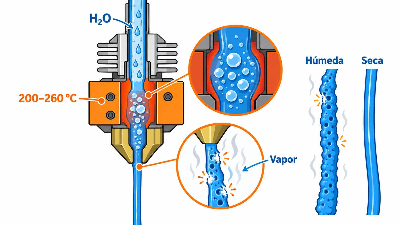 Filamento húmedo entra en el hotend, el agua se convierte en vapor y forma burbujas que revientan en la boquilla