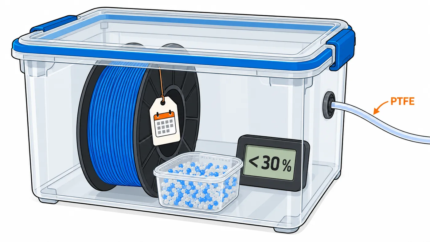 Caja estanca con bobina de filamento, gel de sílice indicador e higrómetro marcando menos del 30 % de humedad