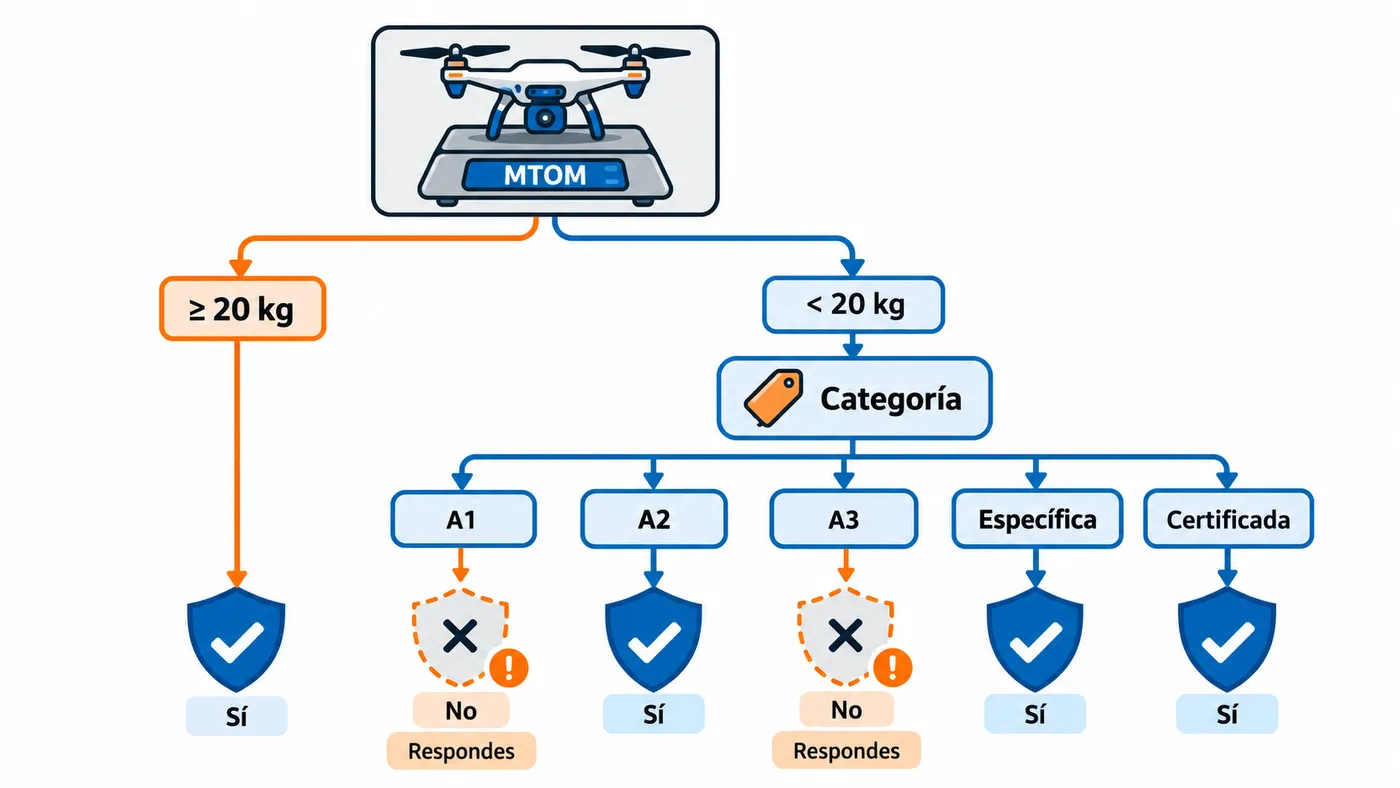 Árbol de decisión: dron de 20 kg o más siempre con seguro; por debajo, obligatorio en A2, específica y certificada, no en A1 y A3