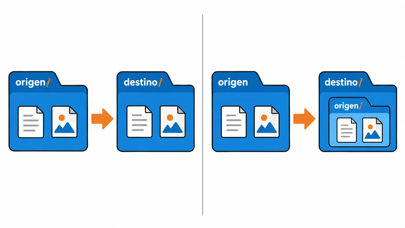 Con barra final, rsync copia el contenido de origen/ dentro de destino/; sin barra, crea destino/origen/.