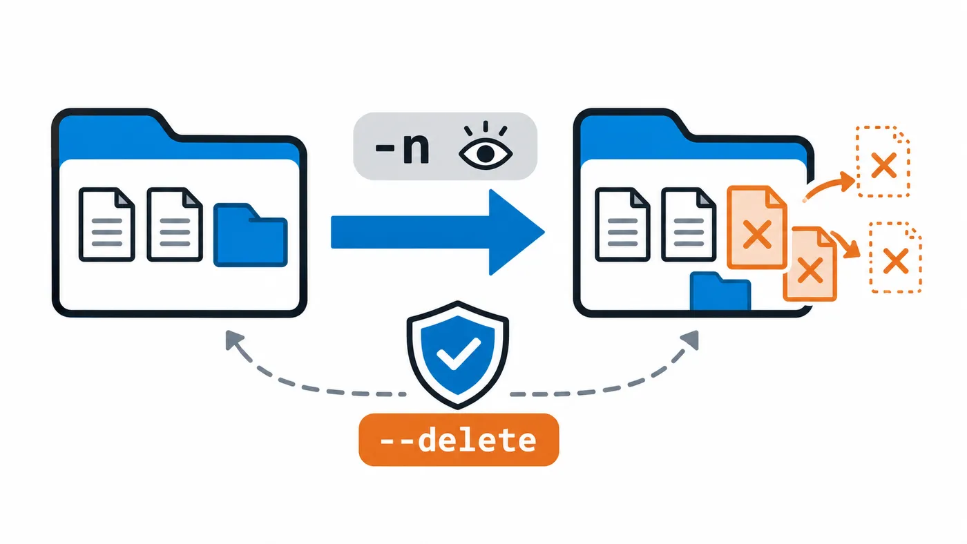 Rsync copia los archivos al destino y elimina allí los que ya no existen en el origen.