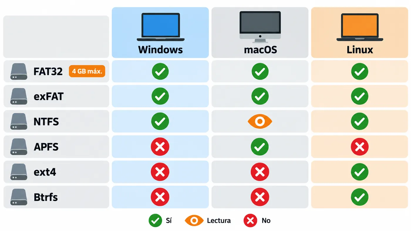 Matriz de compatibilidad de FAT32, exFAT, NTFS, APFS, ext4 y Btrfs con Windows, macOS y Linux