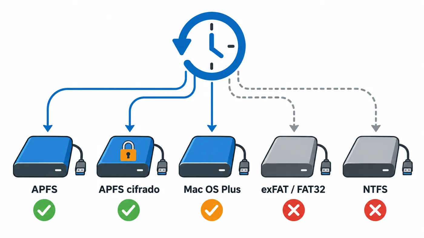Formatos de disco para Time Machine: APFS y Mac OS Plus válidos; exFAT, FAT32 y NTFS no sirven