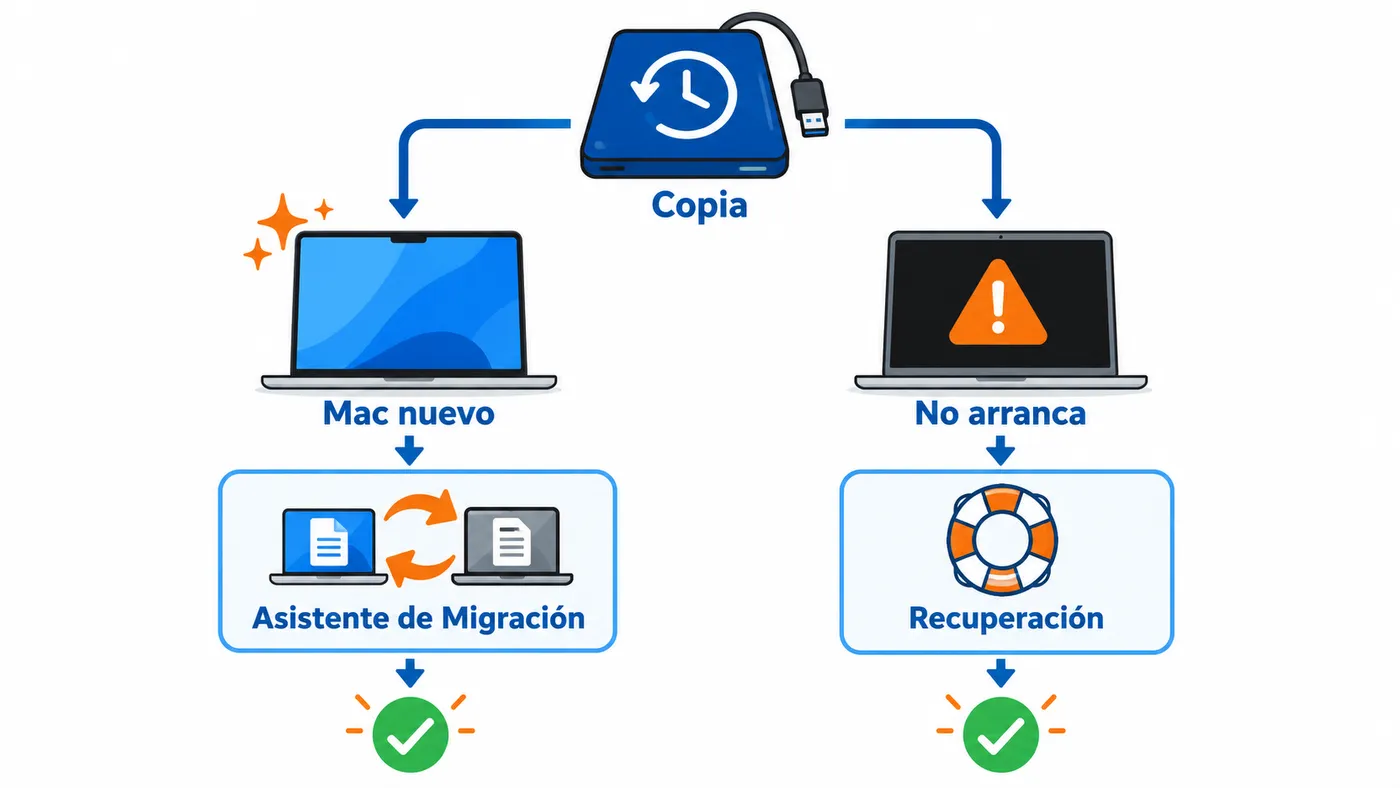 Dos vías para restaurar desde Time Machine: Asistente de Migración en un Mac nuevo o Recuperación de macOS si no arranca