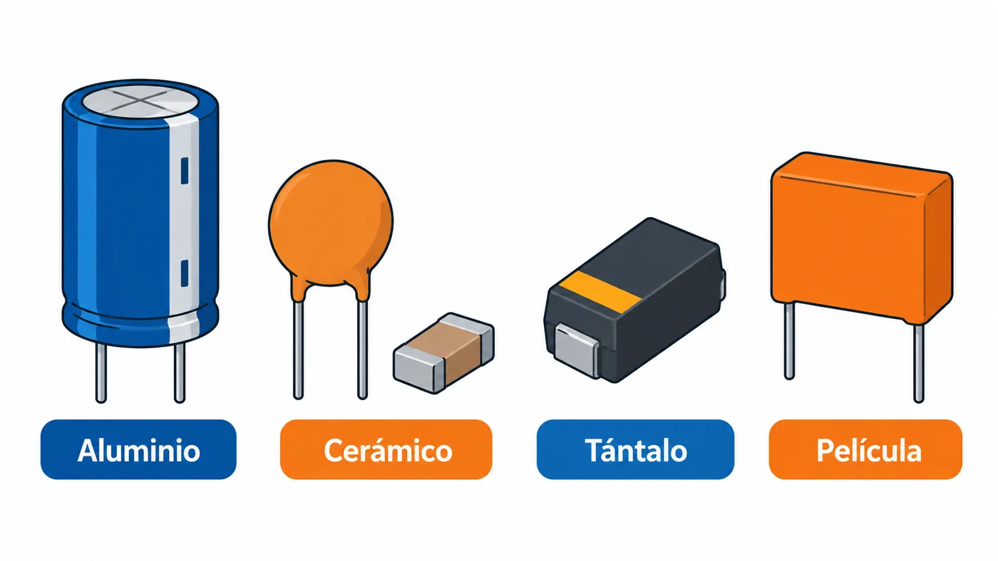 Condensadores de aluminio, cerámico, tántalo y película, con sus formas características.