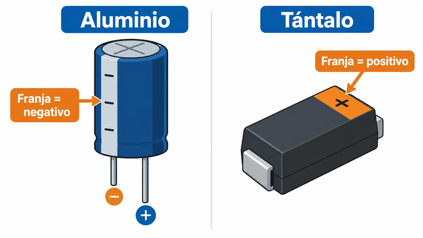 La franja indica el negativo en aluminio y el positivo en un tántalo SMD.