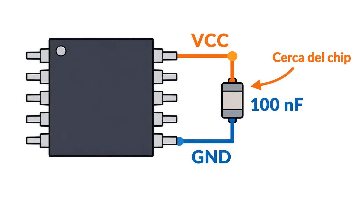 Condensador cerámico de 100 nF entre VCC y GND, conectado junto a un chip.