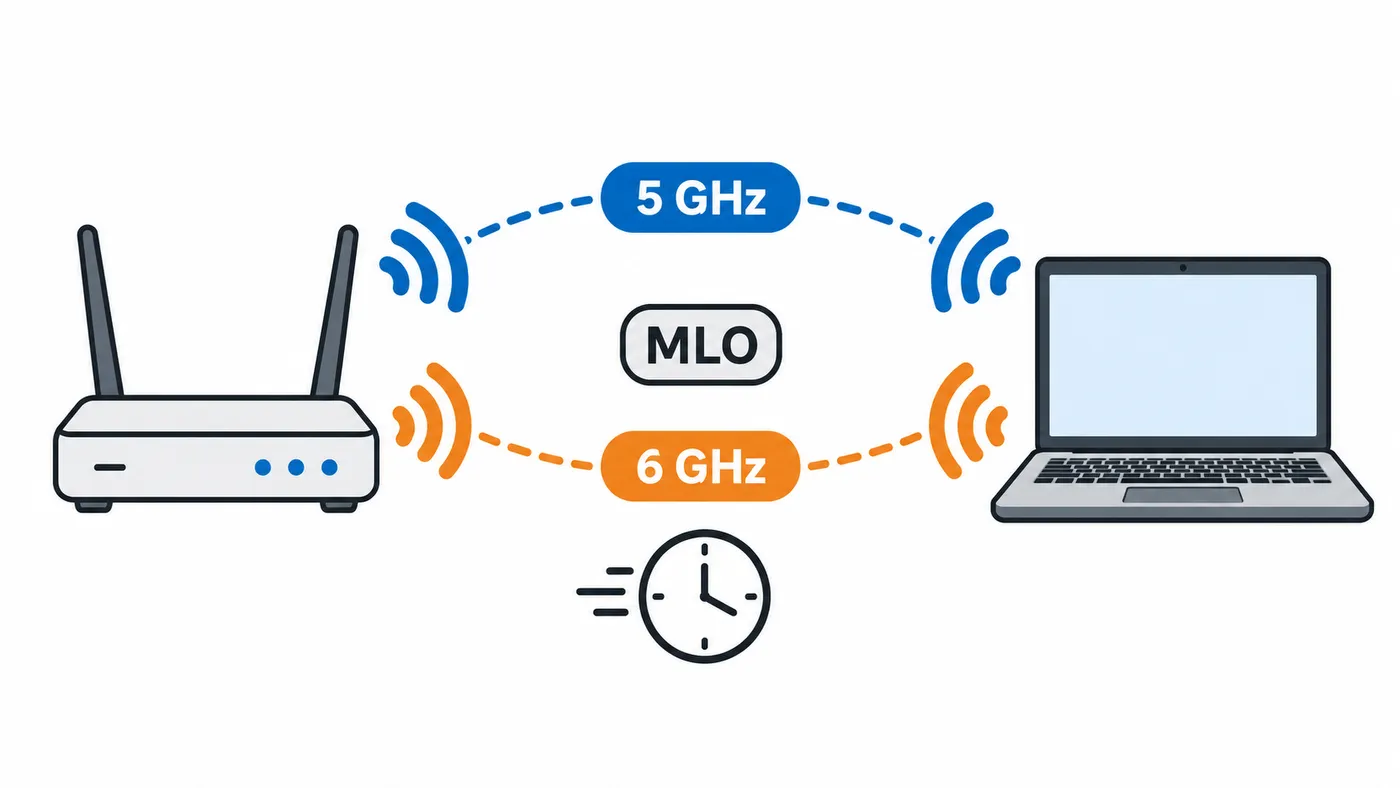 Un router y un portátil usan enlaces simultáneos de 5 y 6 GHz mediante MLO.