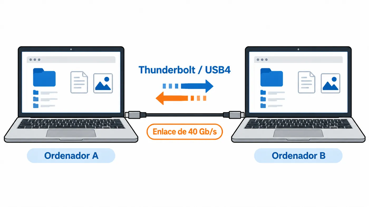 Dos ordenadores intercambian datos directamente mediante un cable Thunderbolt o USB4.