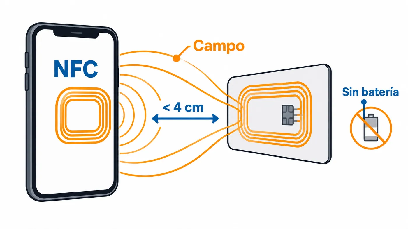 Un móvil genera un campo NFC que activa una tarjeta pasiva a menos de cuatro centímetros.