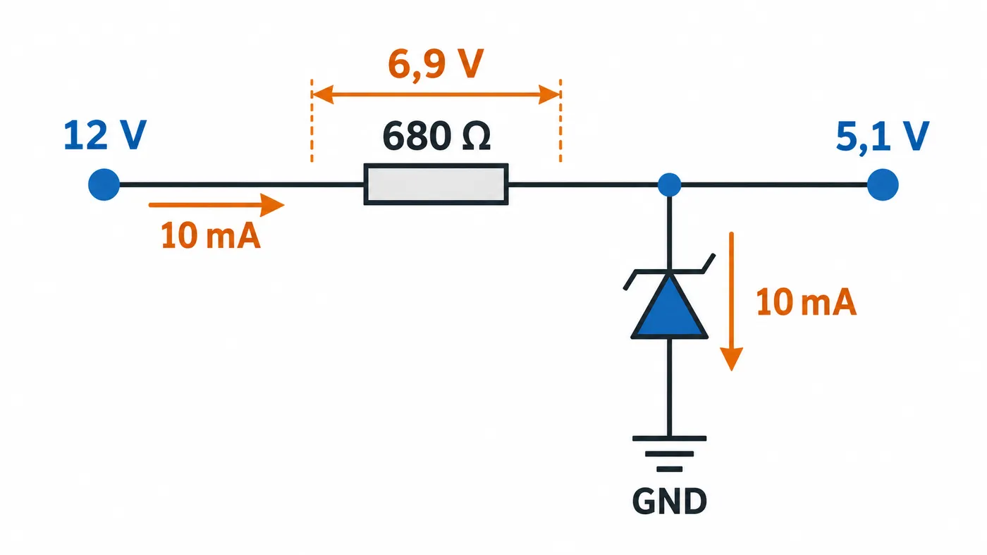 Circuito Zener: 12 V a través de una resistencia de 680 Ω y Zener en inversa a GND que fija 5,1 V en la salida
