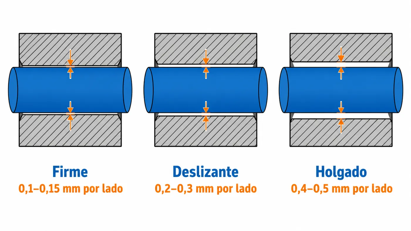 Comparación de la holgura por lado en ajustes firme, deslizante y holgado entre un eje y un agujero.