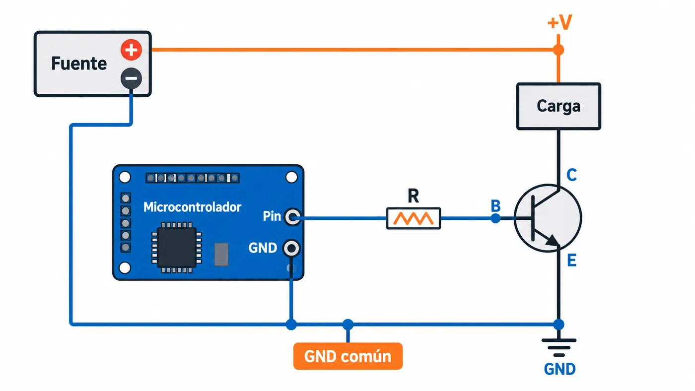 Esquema de interruptor en el lado bajo: carga entre +V y el transistor, pin con resistencia a la base y GND común