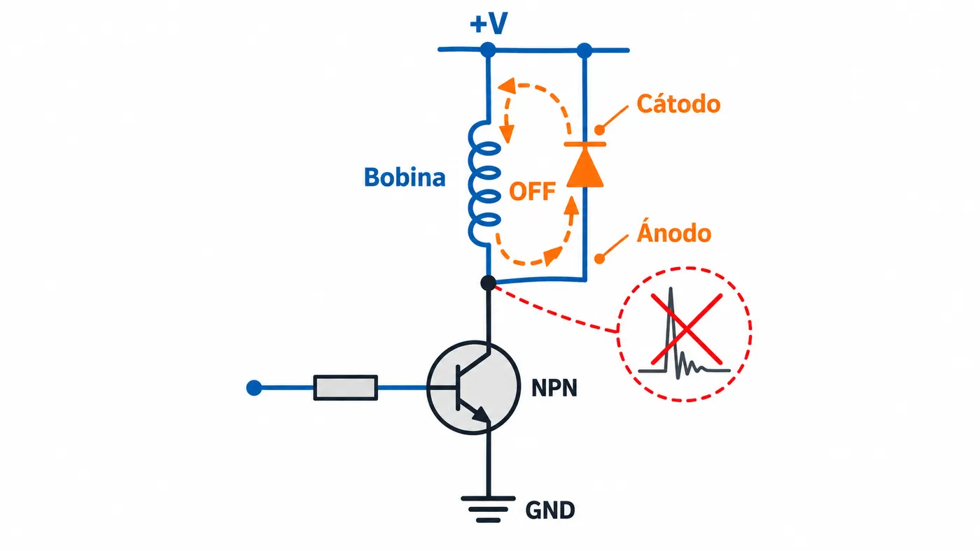 Diodo flyback en paralelo e inverso con la bobina de un relé: cátodo hacia +V y ánodo hacia el colector del transistor