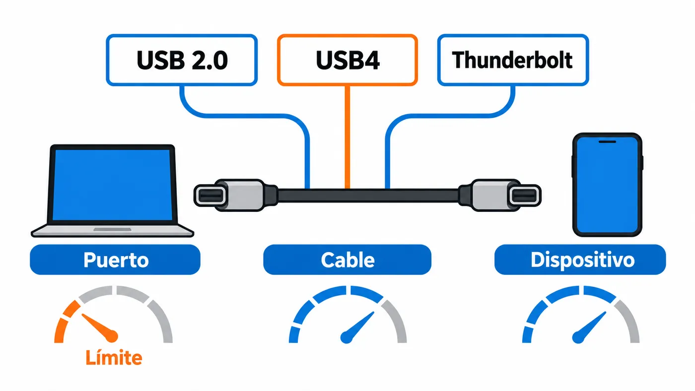 El mismo conector USB-C puede transportar USB 2.0, USB4 o Thunderbolt; la velocidad depende del puerto, cable y dispositivo.