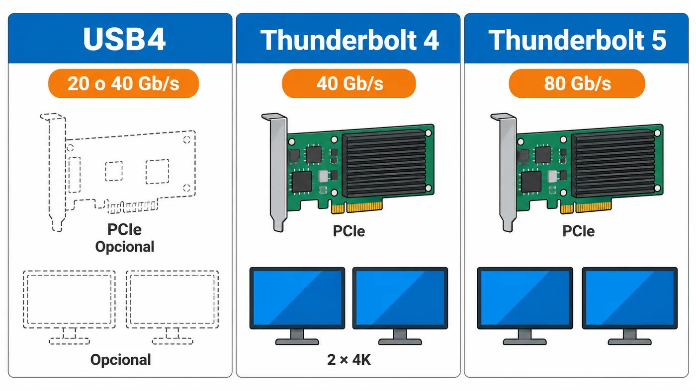 USB4 ofrece 20 o 40 Gb/s y PCIe opcional; Thunderbolt 4 garantiza 40 Gb/s y dos pantallas 4K; Thunderbolt 5 llega a 80 Gb/s.