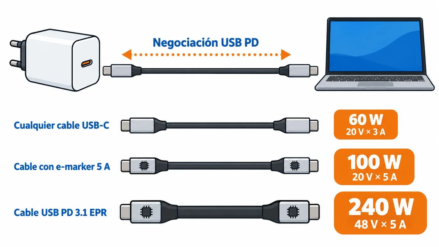 Cargador, cable y portátil negocian la potencia; 100 W requieren e-marker de 5 A y 240 W usan USB PD 3.1 EPR.