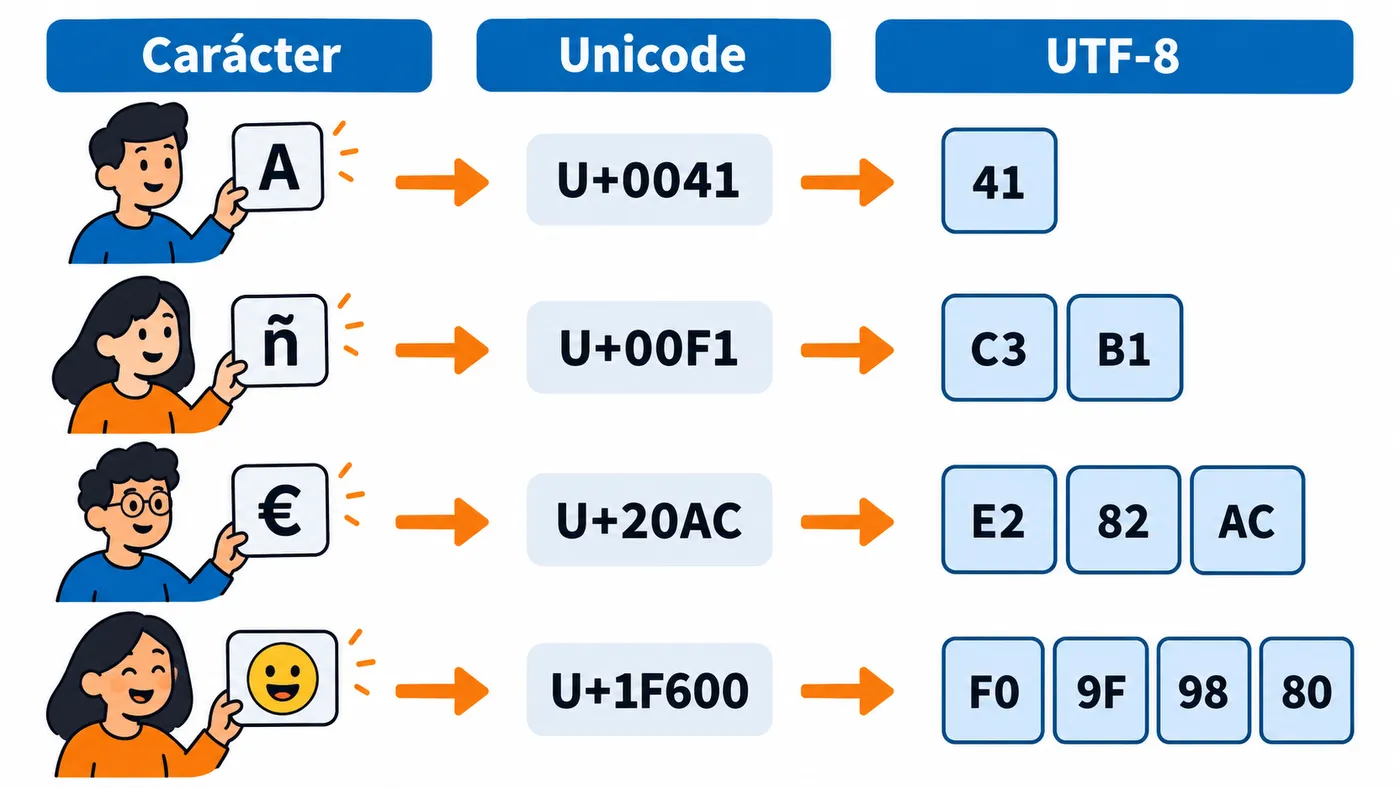 Unicode asigna un número a cada carácter y UTF-8 lo guarda en 1 a 4 bytes según el carácter