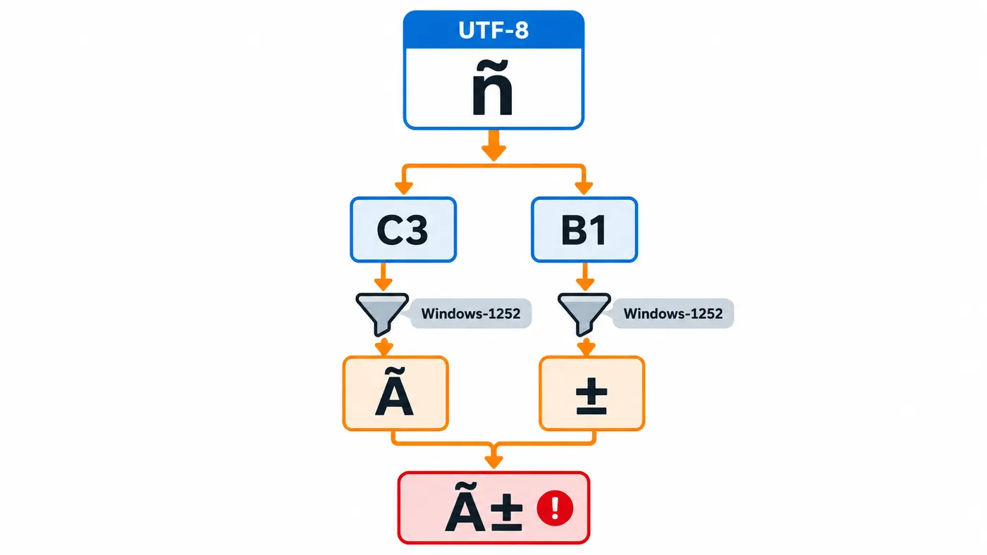 La ñ guardada en UTF-8 son los bytes C3 B1; leídos uno a uno como Windows-1252 se muestran como Ã y ±