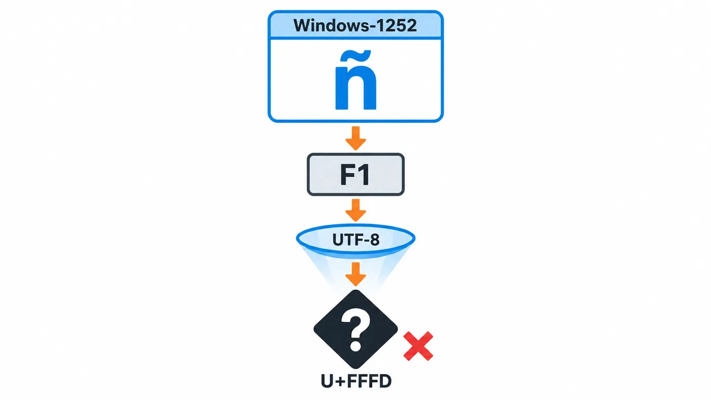 La ñ en Windows-1252 es el byte F1; un lector UTF-8 no puede descifrarlo y muestra el carácter de sustitución