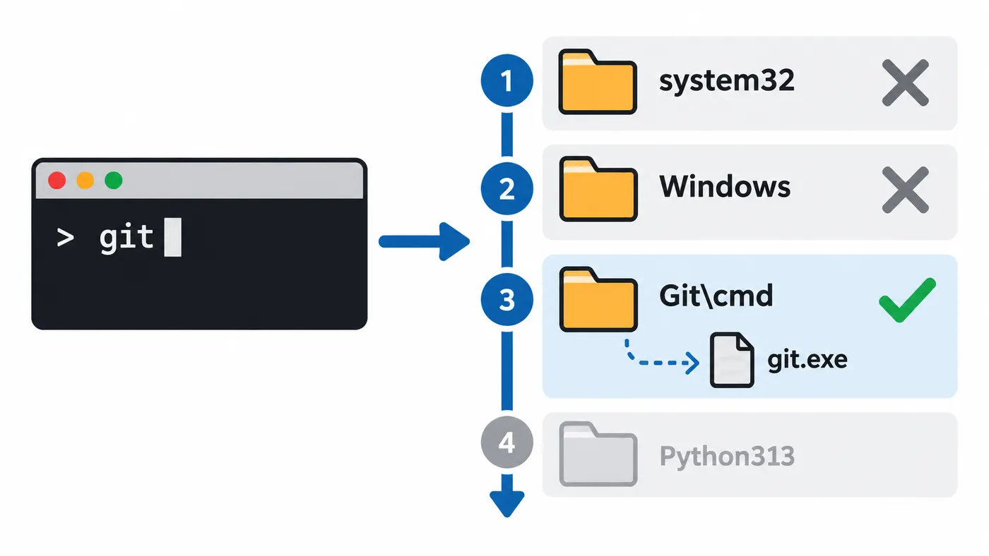 Consola con git: Windows recorre las carpetas del PATH en orden y encuentra git.exe en la tercera.