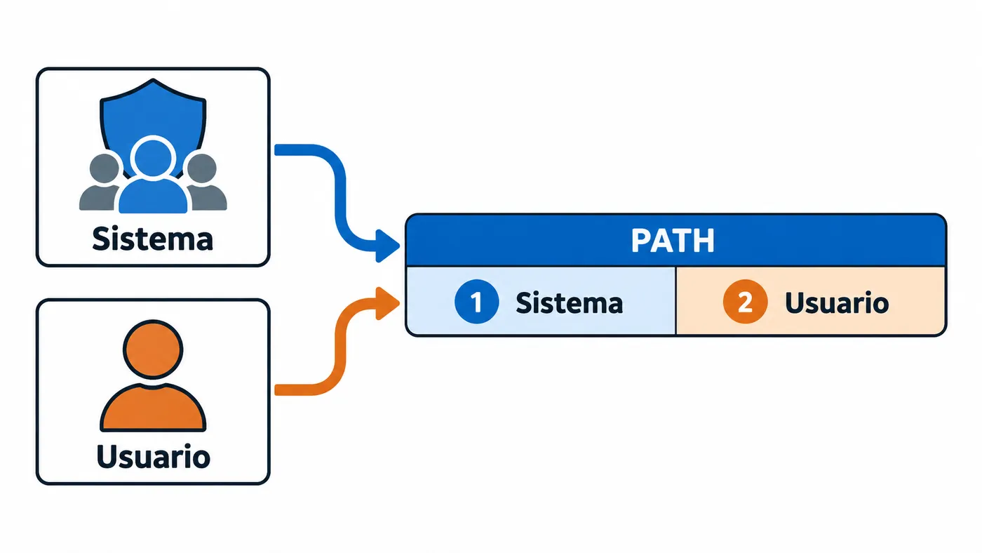 PATH del sistema, para todas las cuentas, y PATH de usuario, para una cuenta, se unen en un PATH final con el del sistema primero.