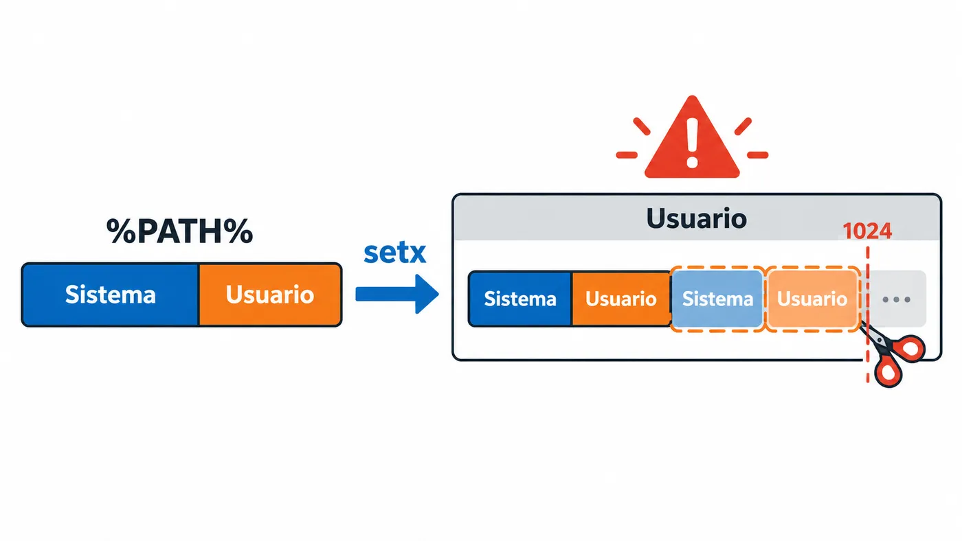 %PATH% combinado de sistema y usuario se copia en el PATH de usuario, duplica entradas y se recorta a 1024 caracteres.