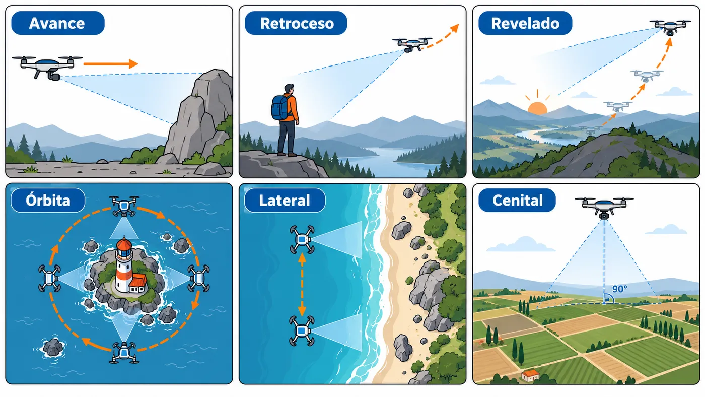 Seis movimientos de dron: avance, retroceso, revelado, órbita, travelling lateral y cenital, con su trayectoria y la cámara