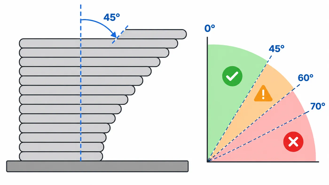 Pared escalonada a 45° desde la vertical, con cada capa desplazada medio ancho de línea sobre la anterior
