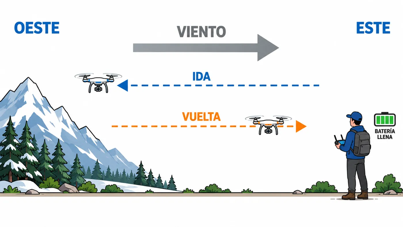 Ruta de ida contra el viento hacia el oeste y vuelta a favor del viento hacia el piloto, al este.