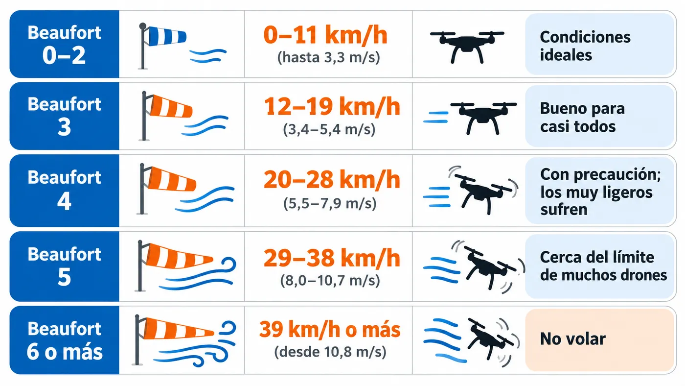 Cinco niveles de viento con velocidades Beaufort y una recomendación orientativa para drones.