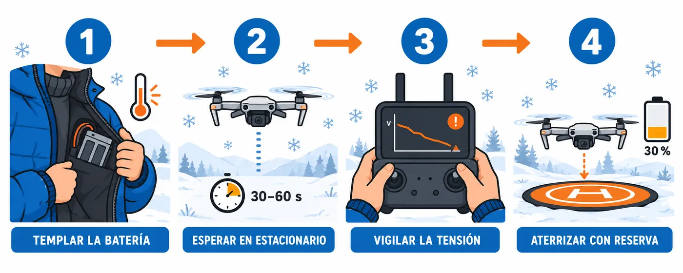 Cuatro pasos para cuidar la batería de dron en frío, desde templarla hasta aterrizar con reserva.