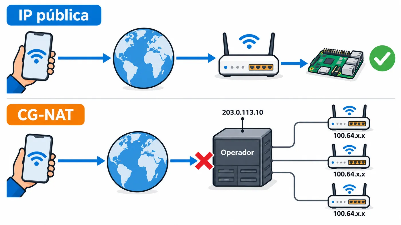 Con CG-NAT el operador comparte una IP pública entre muchos routers con IP 100.64.x.x y las conexiones de fuera no llegan