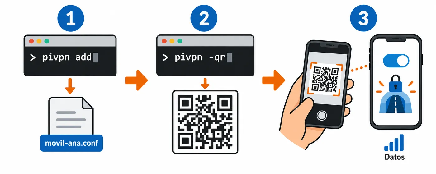 pivpn add crea el cliente movil-ana, pivpn -qr muestra un QR en la terminal y la app del móvil lo escanea para crear el túnel