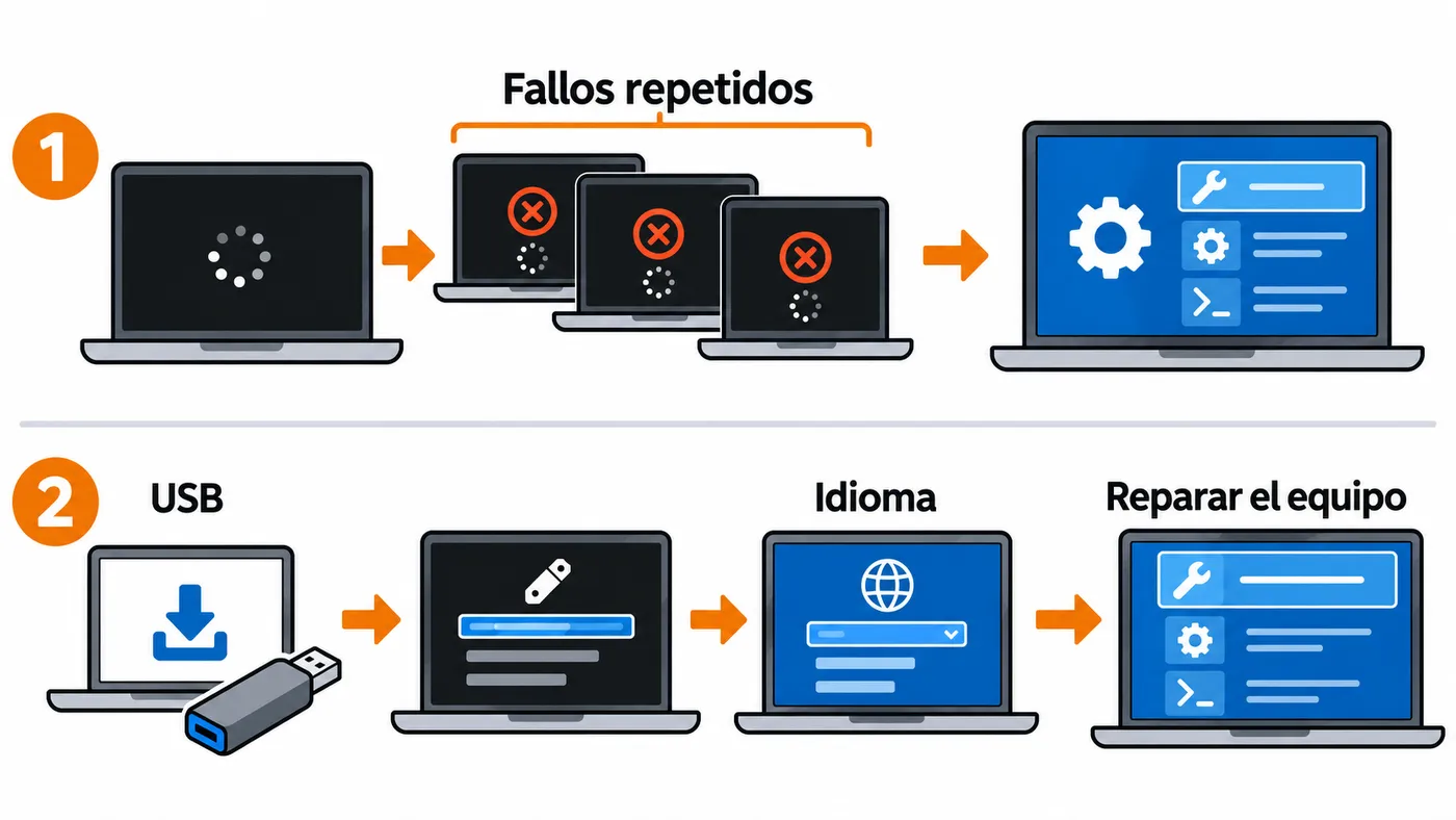 Dos vías de recuperación: fallos repetidos o USB de instalación y Reparar el equipo.