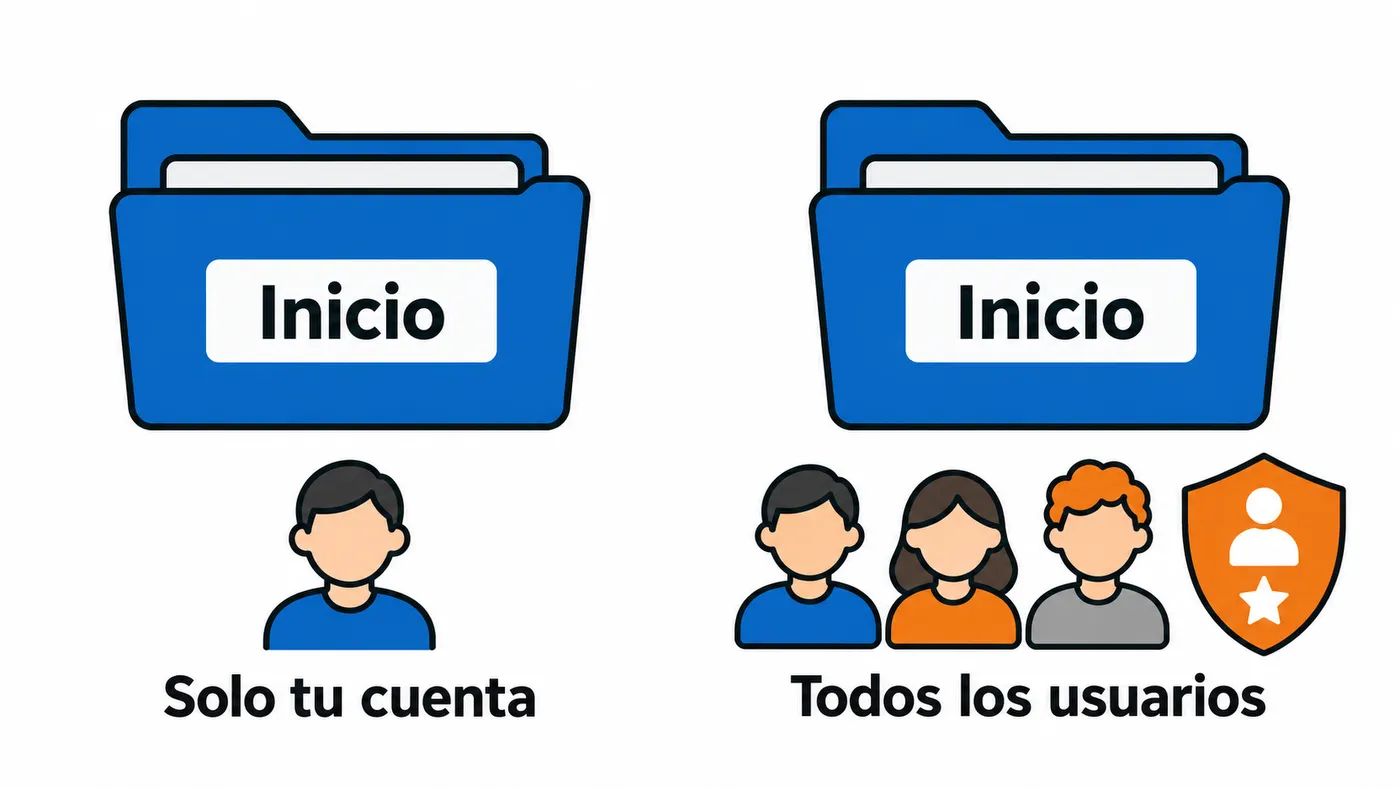 Dos carpetas Inicio: la de tu cuenta, solo para tu usuario, y la común, para todos los usuarios, que requiere permisos de administrador.