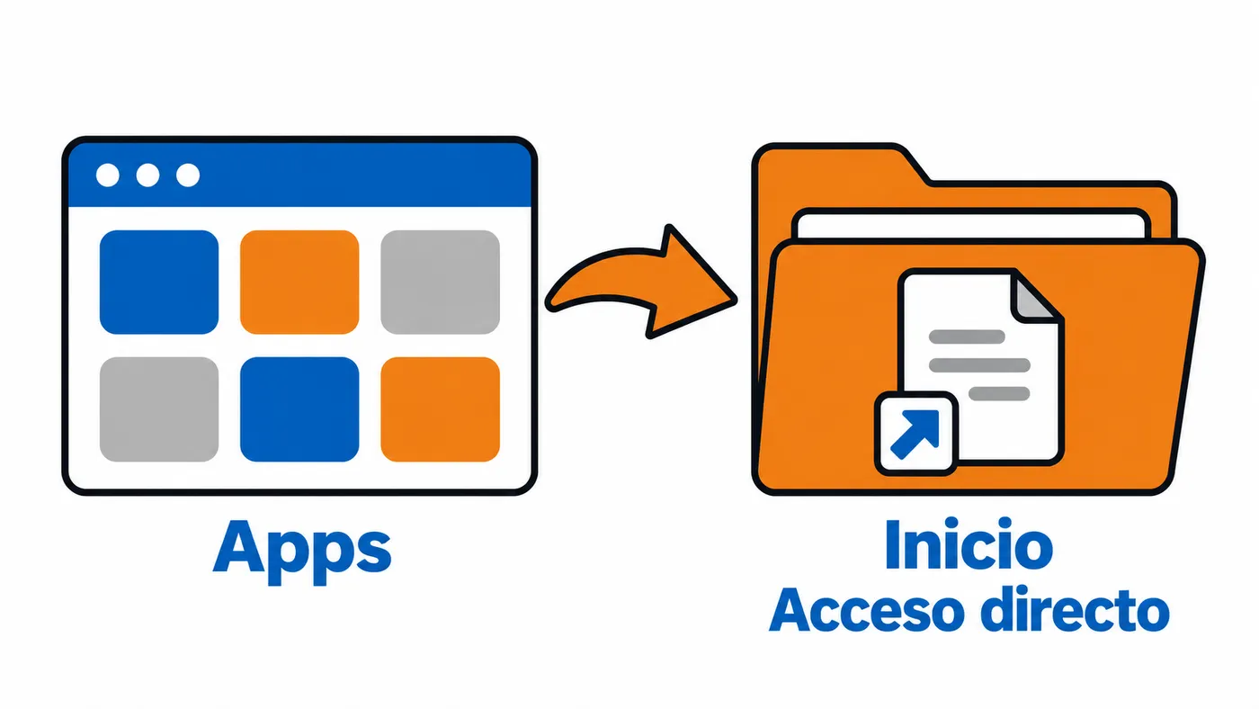 Una aplicación se arrastra desde la lista de apps a la carpeta Inicio, donde queda un acceso directo.
