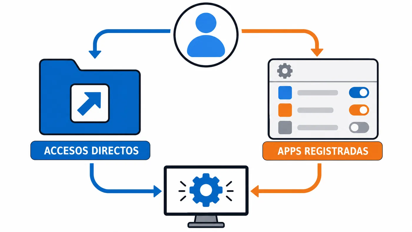 Comparación entre accesos directos añadidos a la carpeta y apps registradas que se controlan con interruptores.
