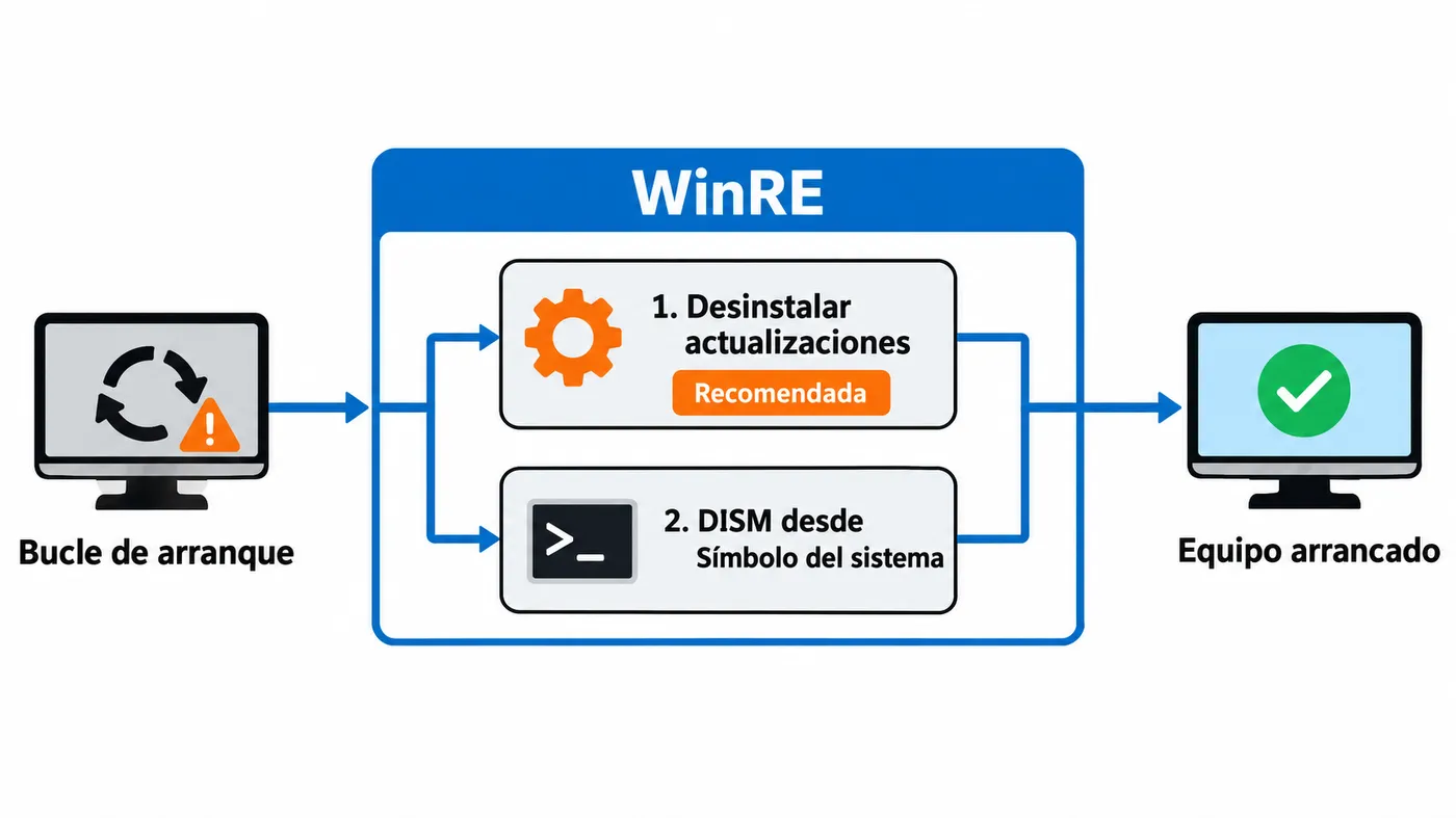Un bucle de arranque se resuelve desde WinRE: primero con Desinstalar actualizaciones y, si no basta, con DISM desde el Símbolo del sistema.