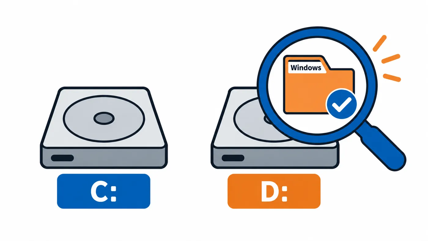 Dos unidades, C: y D:, con la carpeta Windows localizada en D:.