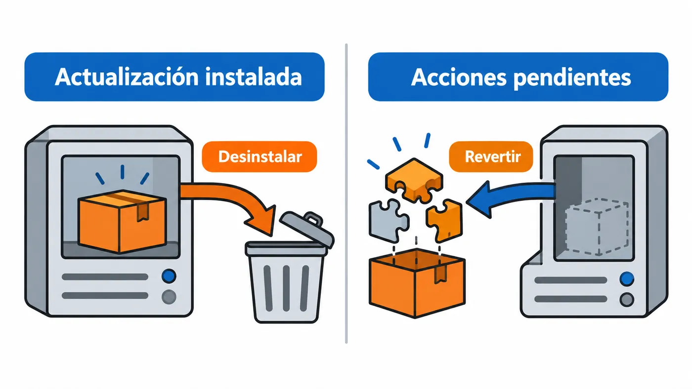 Comparación entre desinstalar una actualización instalada y revertir acciones aún pendientes.