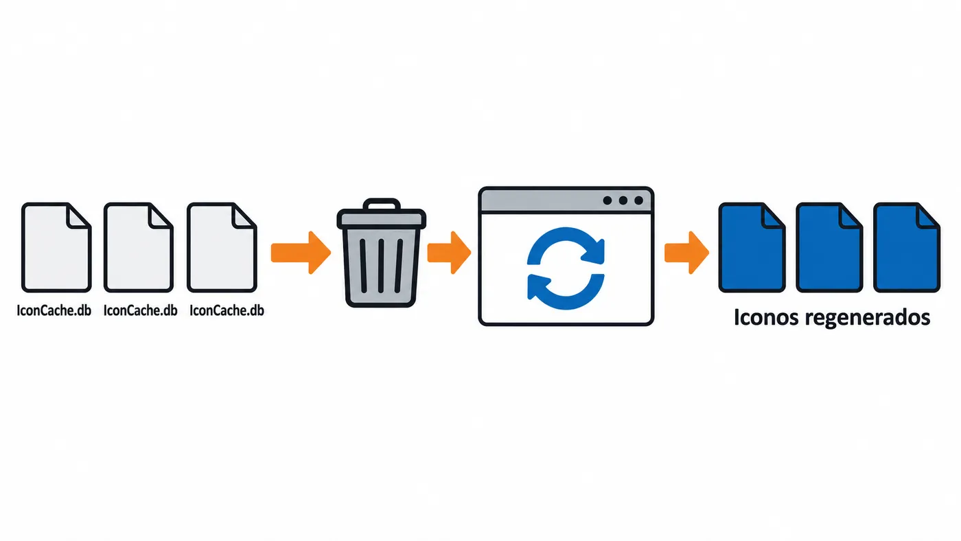 La caché de iconos se borra y Windows la reconstruye al reiniciar el Explorador.