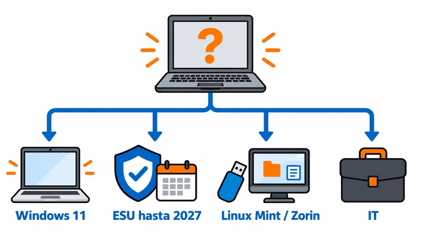 Árbol de decisión con cuatro alternativas para un PC con Windows 10: Windows 11, ESU, Linux o consultar con IT.