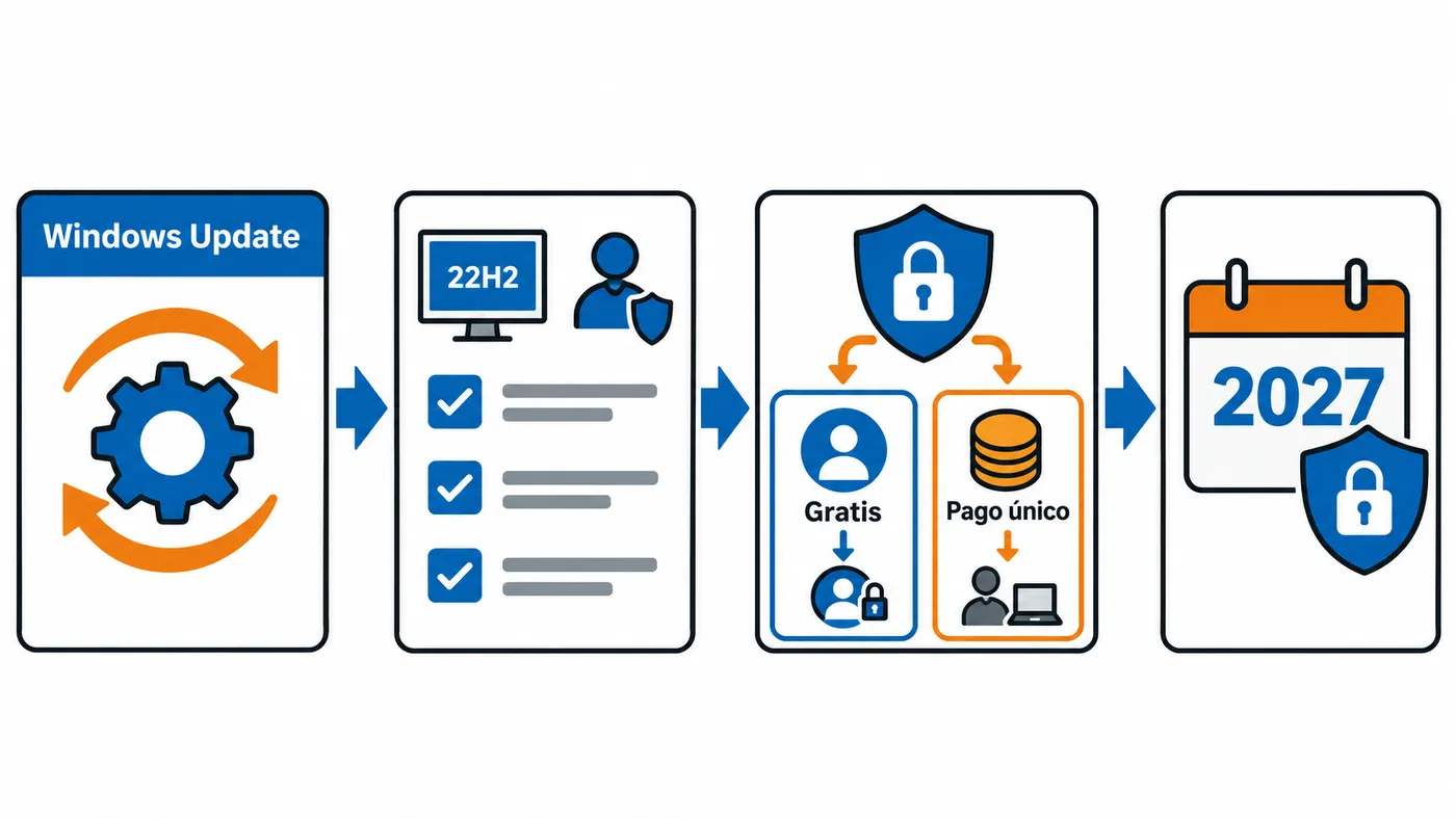 Secuencia de inscripción al ESU desde Windows Update, comprobación de 22H2 y elección entre opción gratis o pago único.