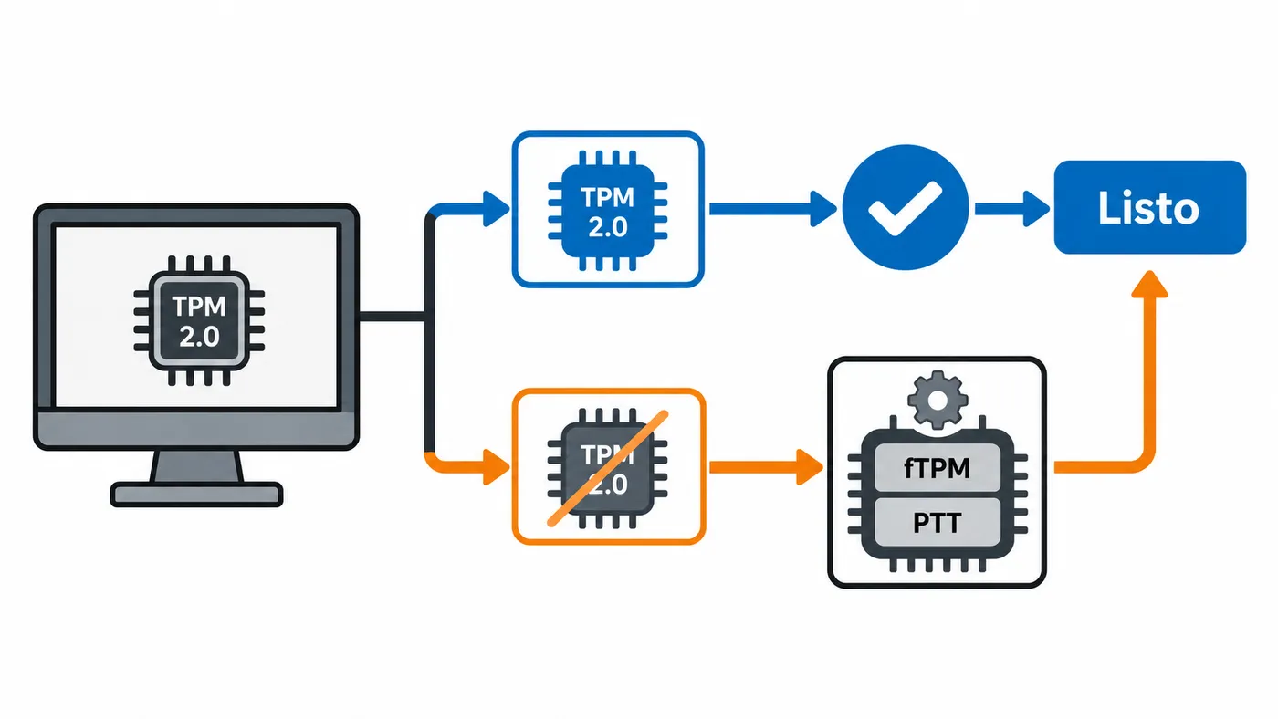 Flujo para comprobar el TPM 2.0 y activar fTPM o PTT desde el firmware si estaba desactivado.