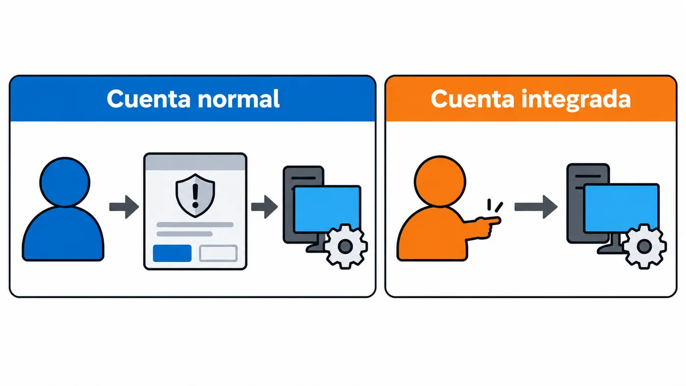 Comparación entre una cuenta normal de administradores, que confirma tareas con UAC, y la cuenta integrada con control total.